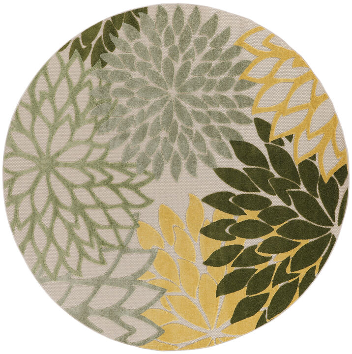 HomeRoots 5' Green Yellow Ivory And Dark Green Round Floral Indoor Outdoor Area Rug