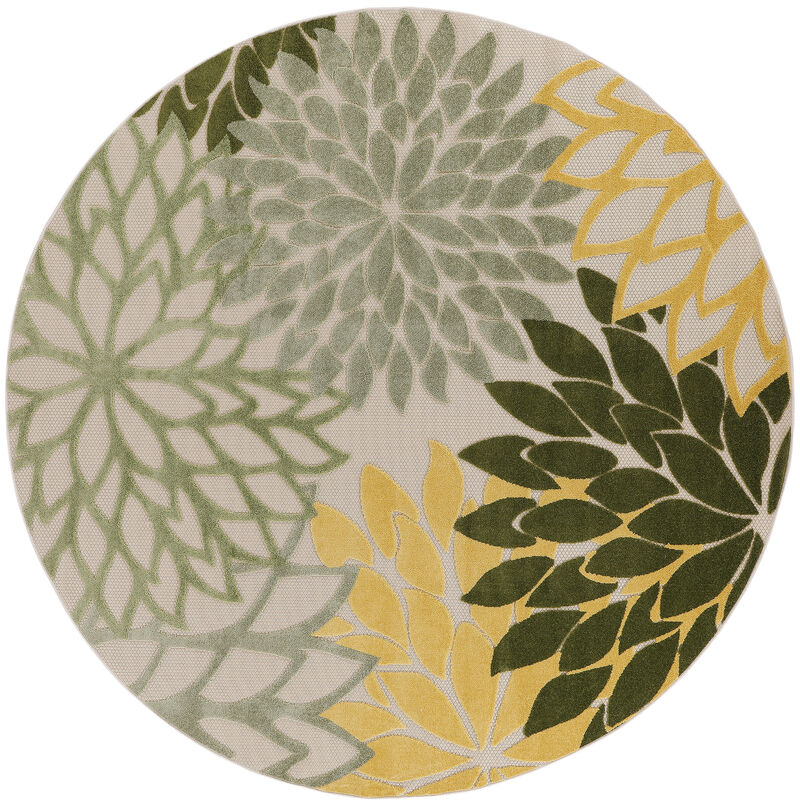 HomeRoots 5' Green Yellow Ivory And Dark Green Round Floral Indoor Outdoor Area Rug image number 0