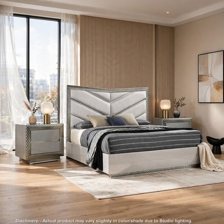 3pc King Bedroom Set, Gray, Silver Wood, 2 Nightstands