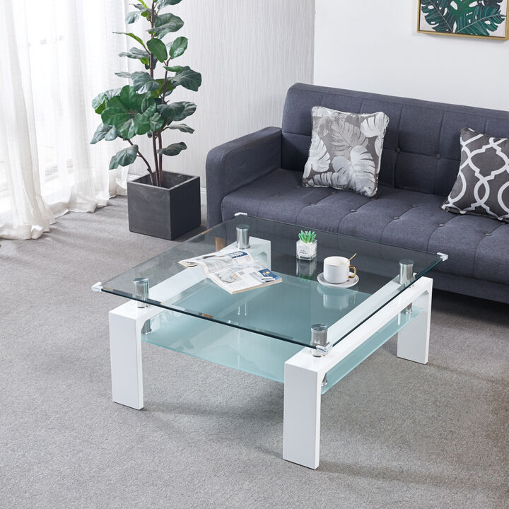 Tempered Glass Top Square Double-Layer Coffee Table with MDF Legs