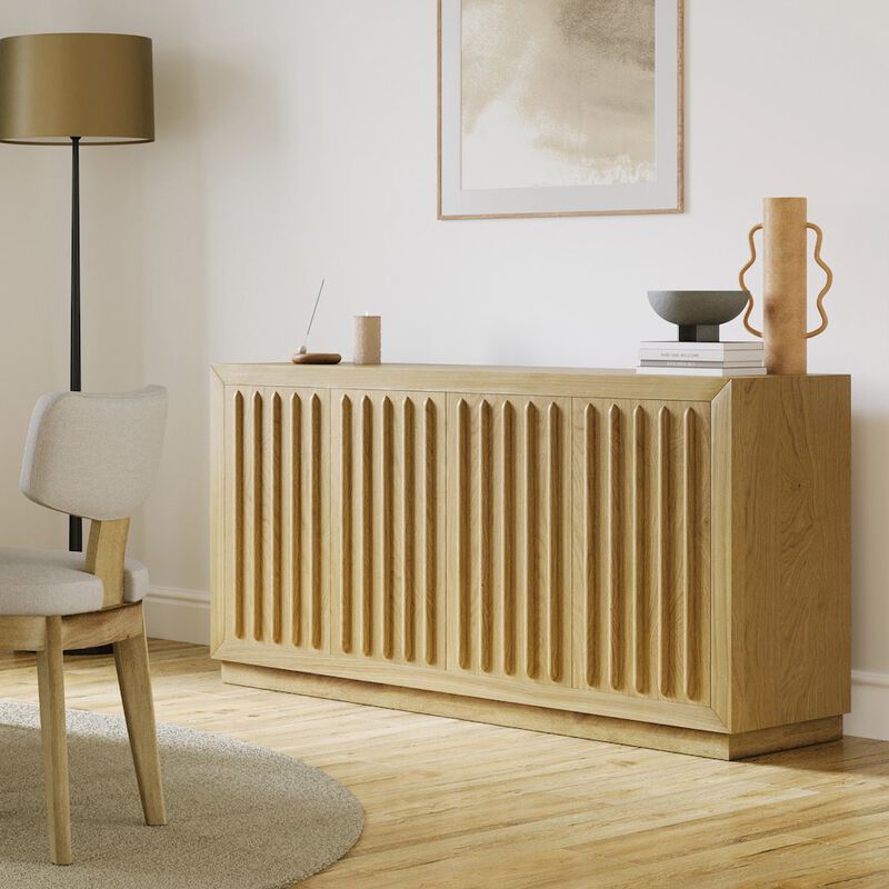 Jofran Maven 60 Mid-Century Modern Fluted Four Door Sideboard Storage Cabinet