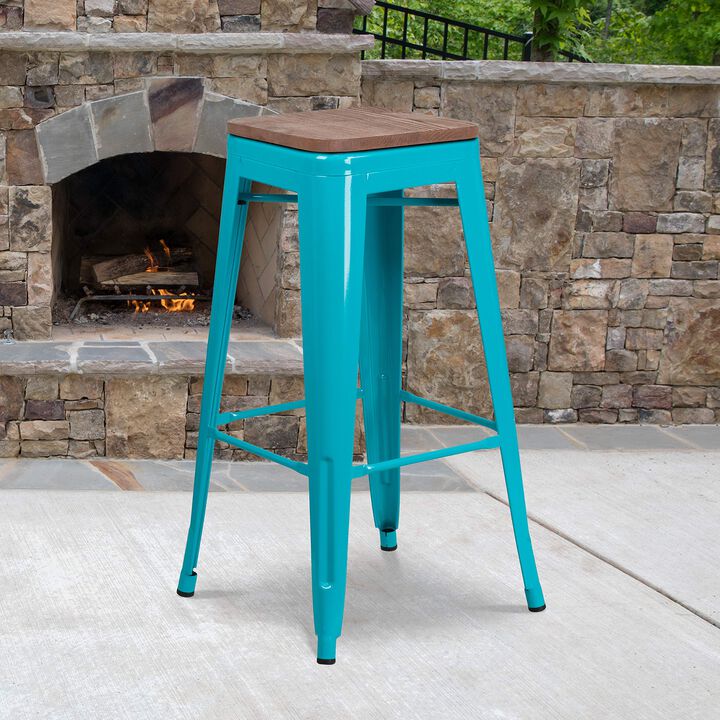 Flash Furniture 30" High Backless Crystal Teal-Blue Barstool with Square Wood Seat