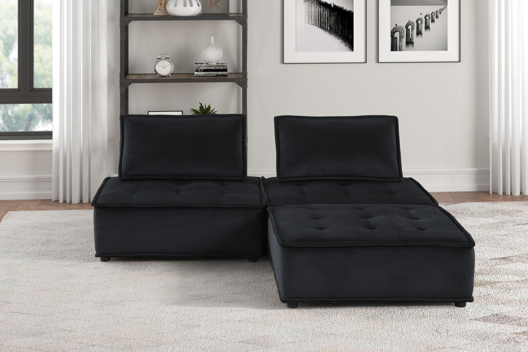 Streamdale Anna Black Velvet 3 Pc Sectional Sofa Ottoman