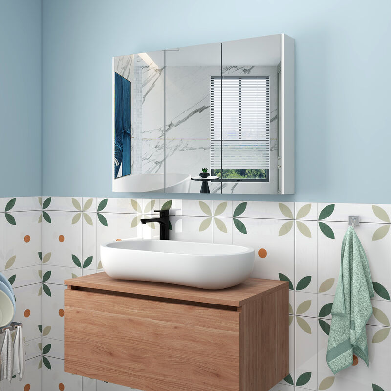Frameless Bathroom Wall Mounted Mirror Cabinet with 3 Doors and Adjustable Shelves