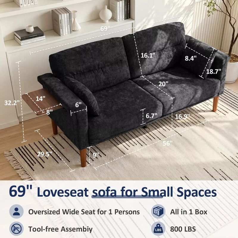 69" Chenille Loveseat Sofa with Foldable Side Tray Table image number 1