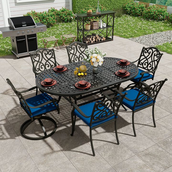 Mondawe 7-Piece Outdoor Dining Set Cast Aluminum with 1 Elliptical Table 4 Dining Chairs 2 Swivel Rockers with Cushions (Seat 6)