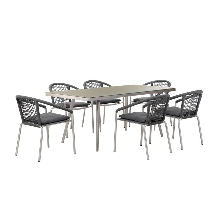 Phil 7 Piece Dining Set, Slate Gray Woven Rope, Sturdy Aluminum Frames - Benzara