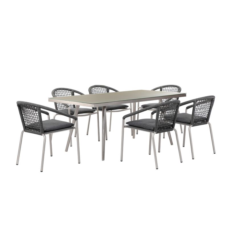 Phil 7 Piece Dining Set, Slate Gray Woven Rope, Sturdy Aluminum Frames - Benzara