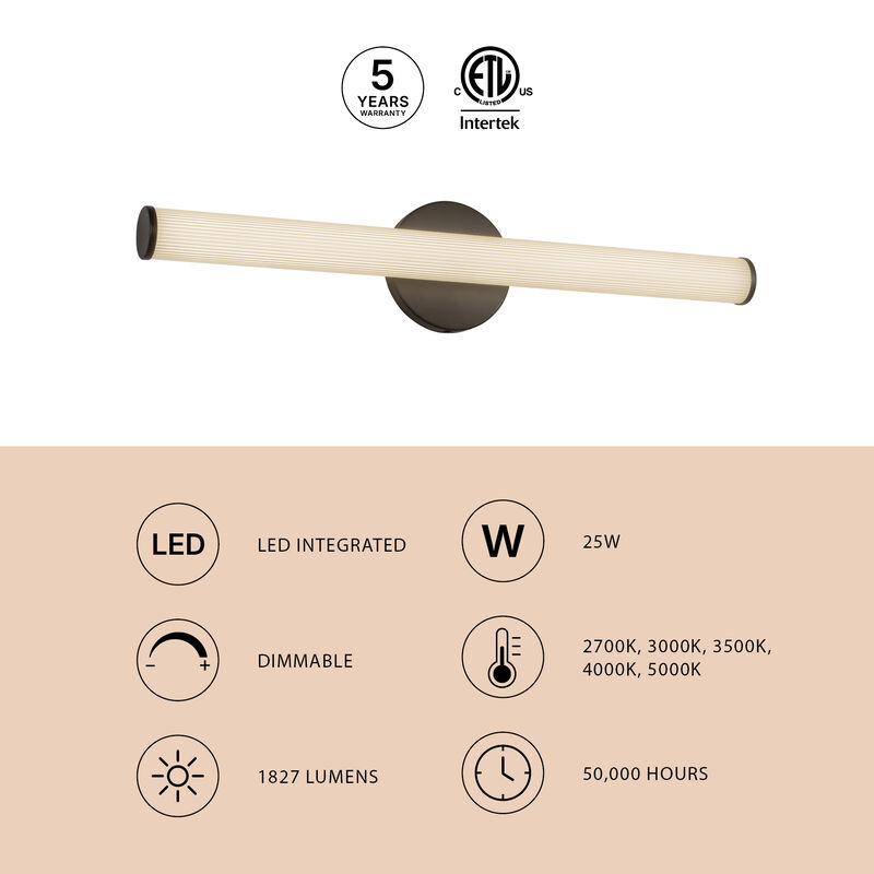 Vire 24-in Black Damp-Rated Dimmable LED Wall/Vanity Light with Ribbed Opal Diffuser image number 7