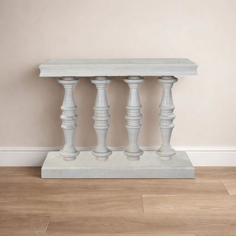 Sofa Console Table, 42 Inch Top, Sandlasted Washed White Mango Wood, Turned Pillar Legs image number 5