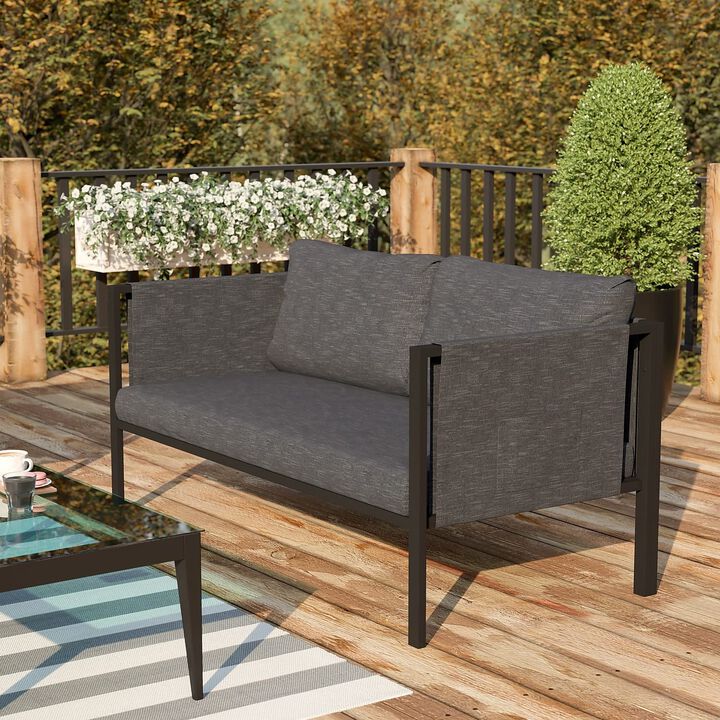 Flash Furniture Lea Indoor/Outdoor Loveseat with Cushions - Modern Steel Framed Chair with Storage Pockets, Black with Charcoal Cushions
