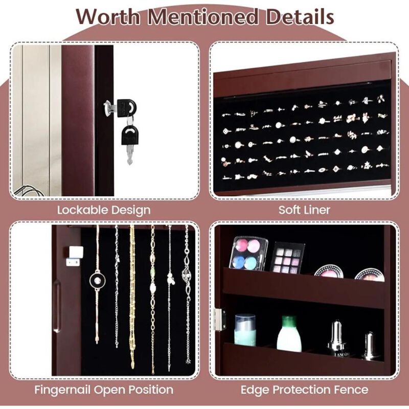 Hivvago Lockable Wall Door Mounted Mirror Jewelry Cabinet with LED Lights