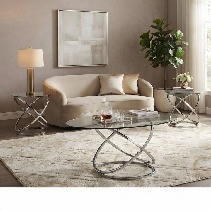 FurniFact Metal and Glass-Top Nesting Cocktail and Round End Table Set of 3