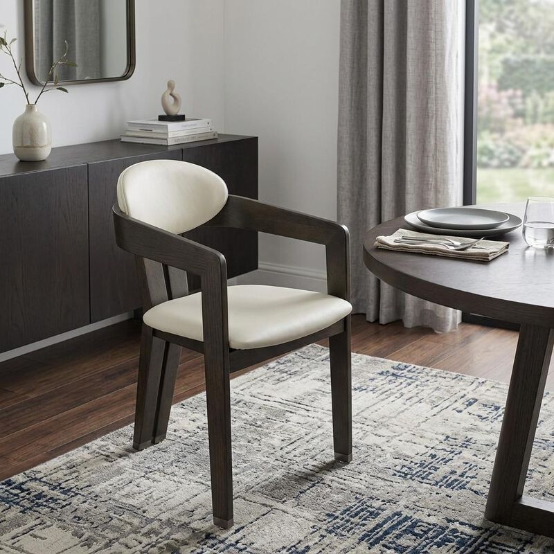 HomeRoots Light Gray And Dark Gray Upholstered Faux Leather Open Back Dining Arm Chair image number 1