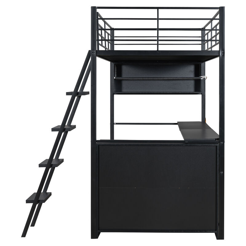 Merax Metal Loft Bed with LED, Desk and 4 Storage Shelves