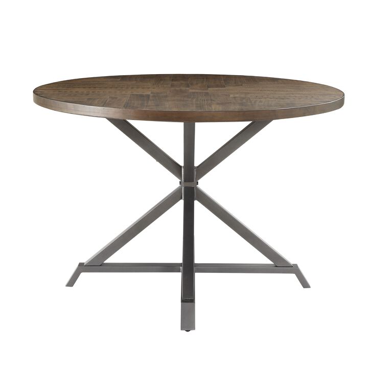Fena Dining Table, Round 45 Inch Brown Wood Top, Gray Metal Star Base