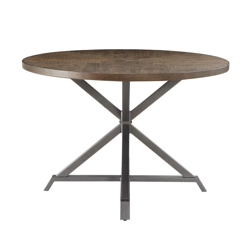 Fena Dining Table, Round 45 Inch Brown Wood Top, Gray Metal Star Base