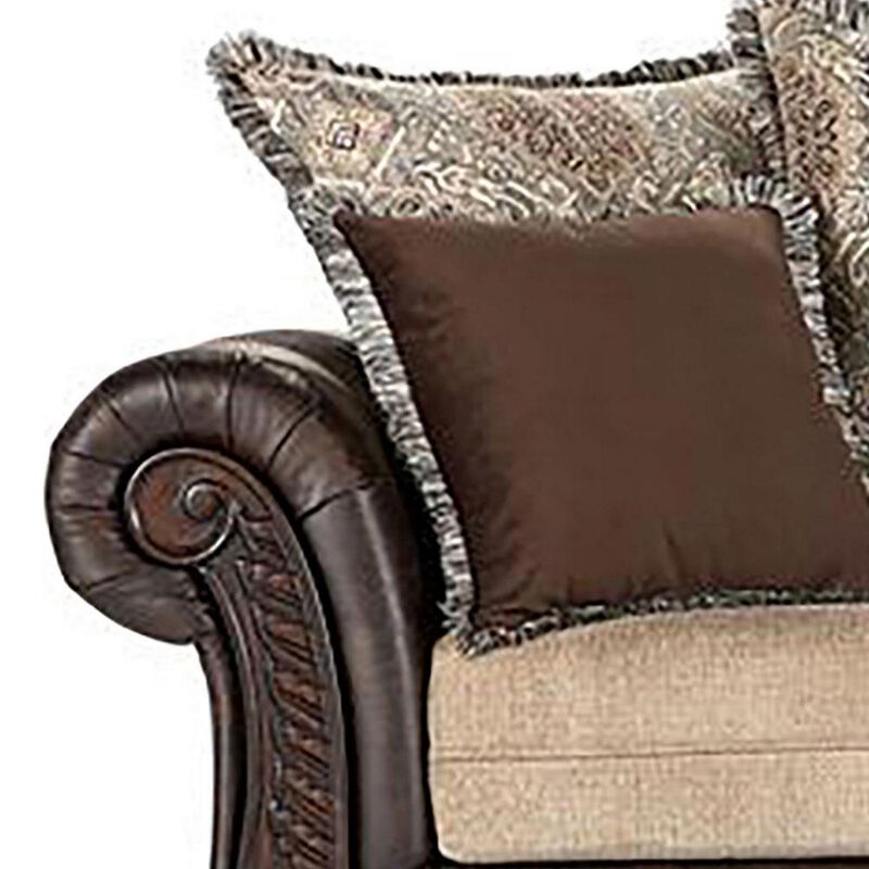 Miva Loveseat w Pillows, Classic Rolled Arms, Brown Faux Leather - Benzara - Benzara