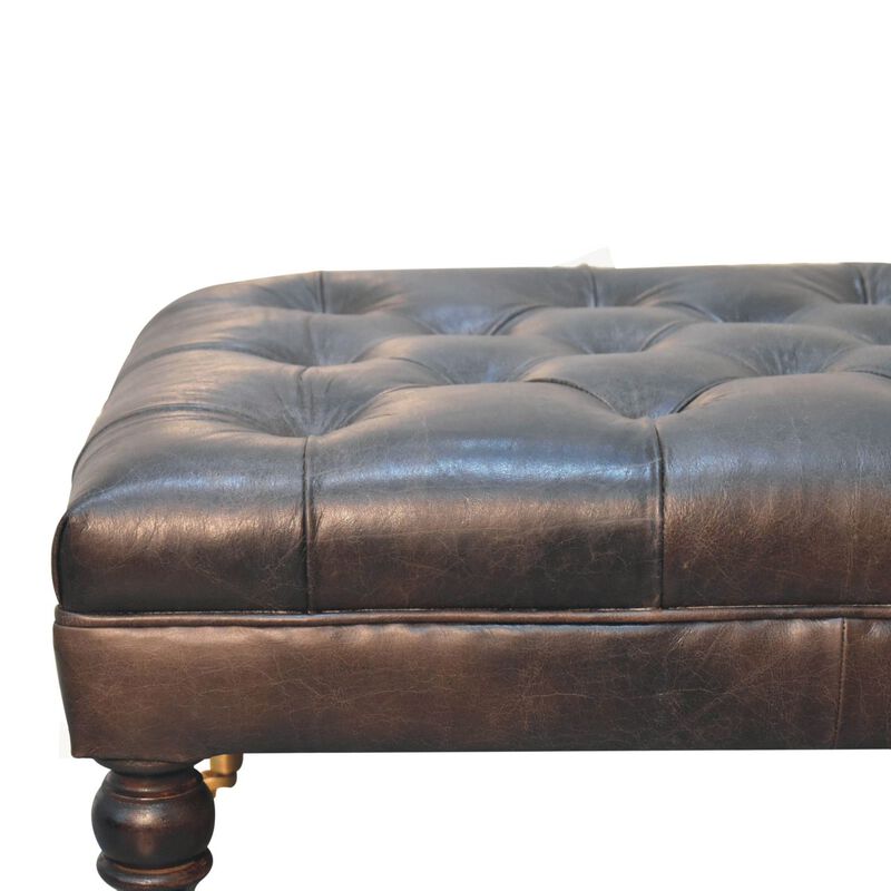 Artisan Furniture Solid Wood Buffalo Ash Black Leather Ottoman with Castor Legs
