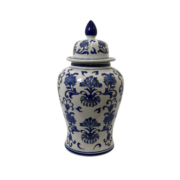 Lise 25 Inch Temple Ginger Jar, Ceramic, Multi Floral Design, White, Blue - Benzara
