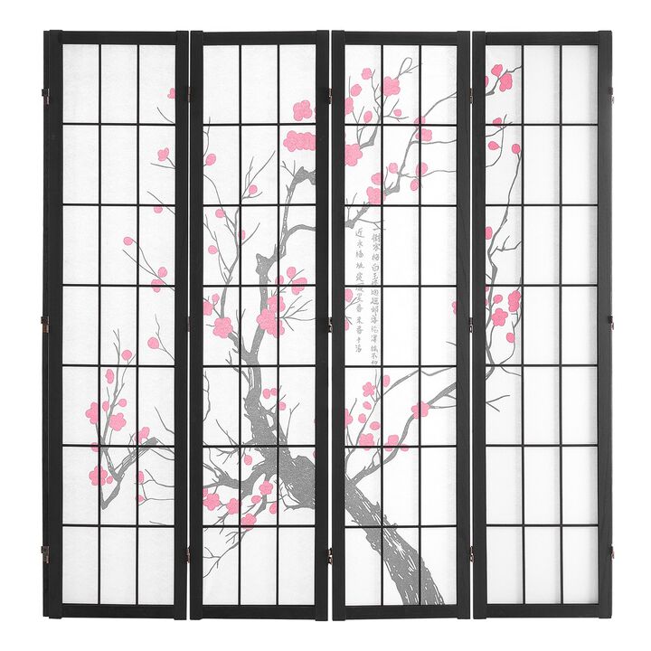 Wooden Japanese Style Room Divider Screen, 4 Folding Panels for Indoor Separation