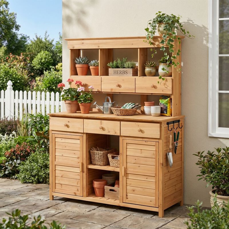 Whisen 65.7" Tall Fir Wood Potting Table with 6 Drawers & Hutch, Patio Storage Workstation image number 1