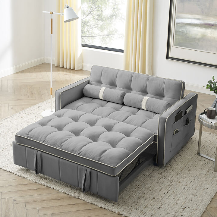 Modern 55.5" Pull Out Sleep Sofa Bed 2 Seater Loveseats Sofa Couch with side pockets, Adjustable Backrest and Lumbar Pillows for Apartment Office Living Room