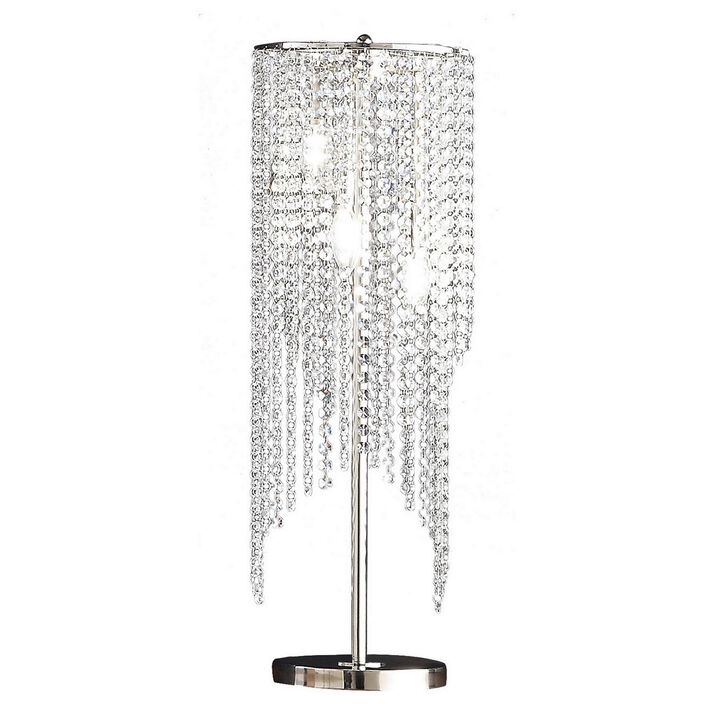 Mindy 30 Inch Table Lamp, Crystal Raindrops Design, Metal, Clear Finish-Benzara