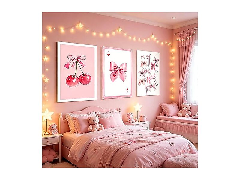 3 Pack Coquette Pink Bow Canvas Wall Art Cherry Decor Poster Girls Room Preppy image number 2