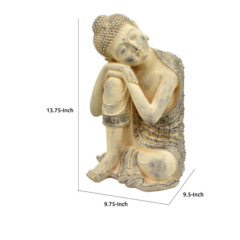 Decorative Resting Buddha Figurine, Antique Beige Resin, 14 Inch - Benzara