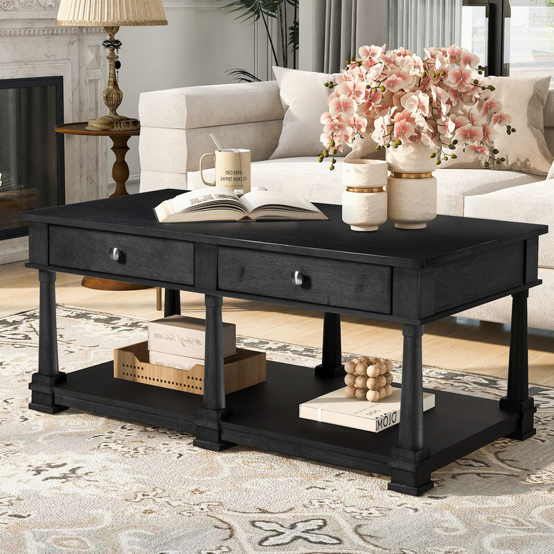Merax Traditional Wood Coffee Table with 2 Spacious Drawers, Rich Wood Grain Finish image number 1