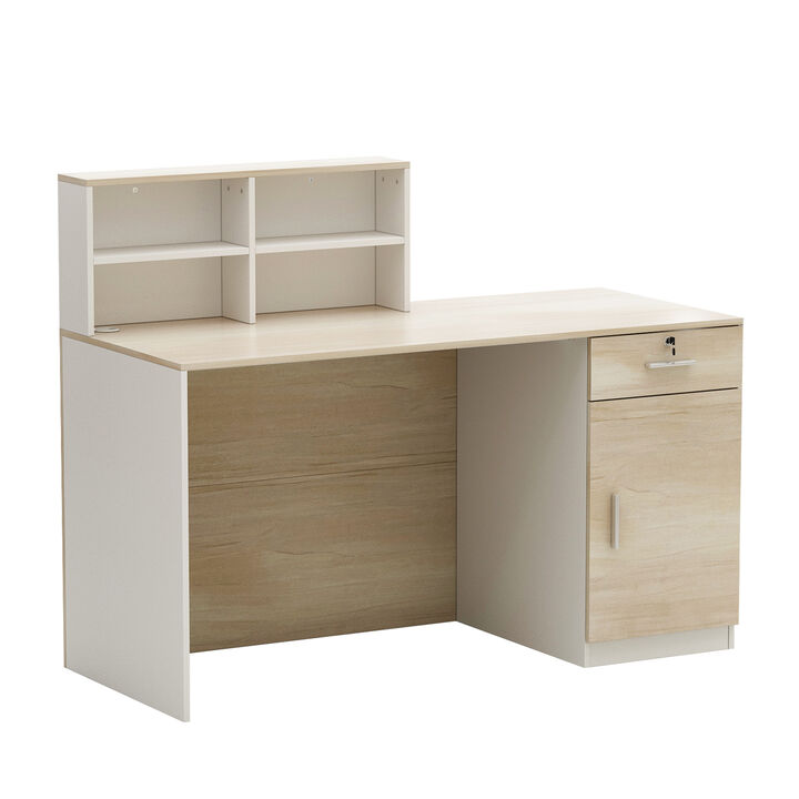 Rectangular White Wooden Computer Desk, Writing Desk with Drawer, 4 Shelves and A Container, 55.1 in.W-23.6 in.D