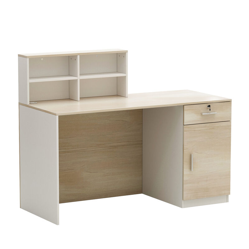 Rectangular White Wooden Computer Desk, Writing Desk with Drawer, 4 Shelves and A Container, 55.1 in.W-23.6 in.D