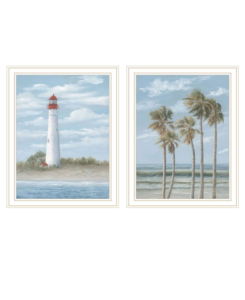 HomeRoots Set Of Two Cape May Lighthouse And Palm Trees White Framed Wall Art image number 0