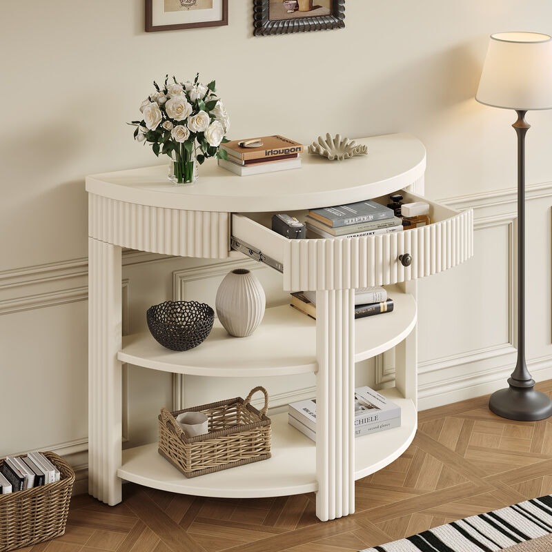 Whisen Half Moon Console Table, Fluted Wooden Entryway Table with Drawer & 2 Shelves, Solid Wood & MDF for Living Room Hallway image number 2
