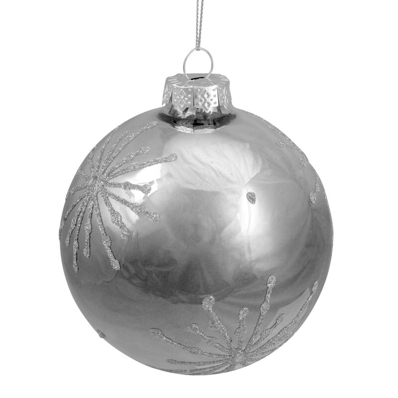 Shiny Silver Mirrored with Glitter Snowflakes Christmas Ball Ornament 4" (101mm) image number 2