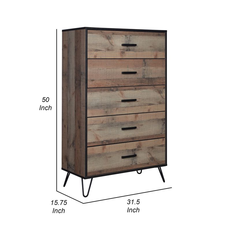 Lala 50 Inch Tall Dresser Chest, 5 Drawers, Black Handles, Rustic Brown - Benzara