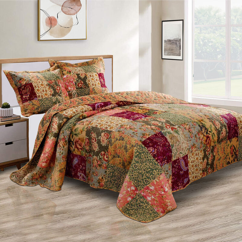 Kamet 3 Piece Fabric Full Size Bedspread Set with Floral Prints, Multicolor
