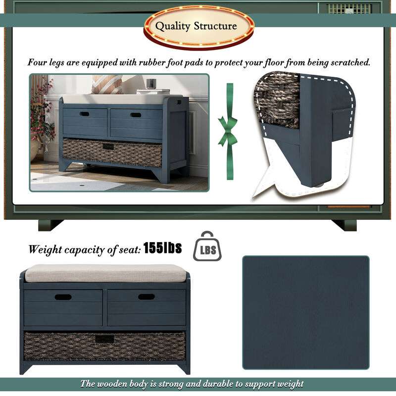 Whisen Storage Bench with Removable Basket and 2 Drawers - Navy