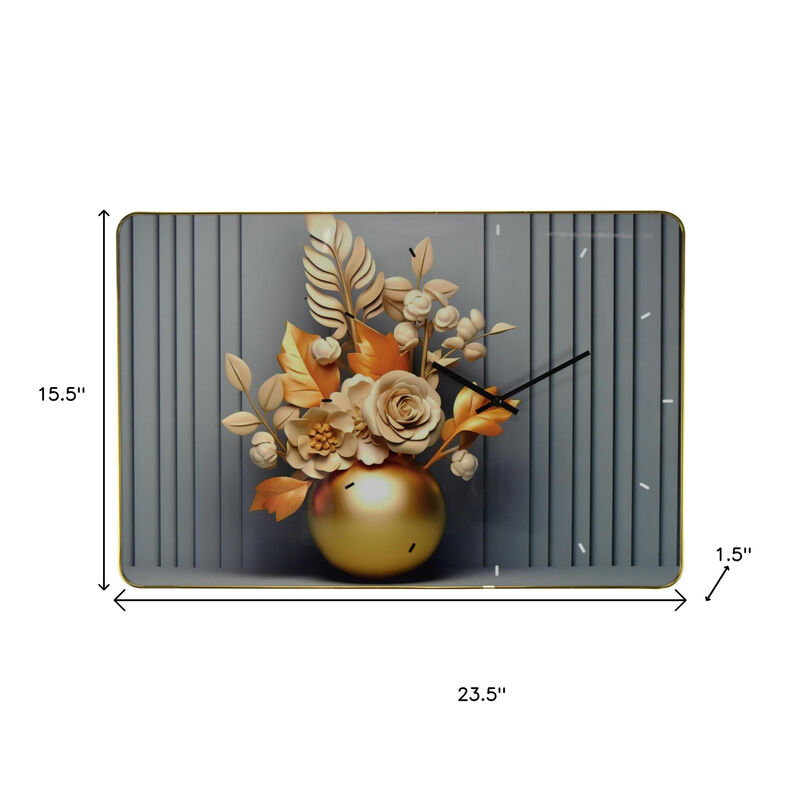 HomeRoots 24" Beige Gold And Gray Solid Wood and Acrylic Silent Analog Floral Wall Clock image number 6