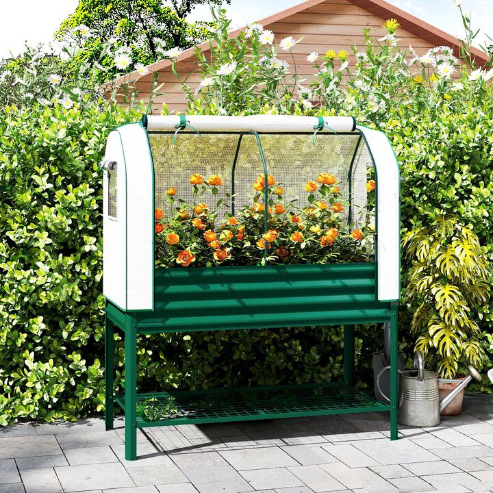 Hivvago Metal Raised Planter with Greenhouse Cover and Shelf