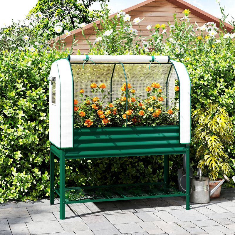 Hivvago Metal Raised Planter with Greenhouse Cover and Shelf image number 1