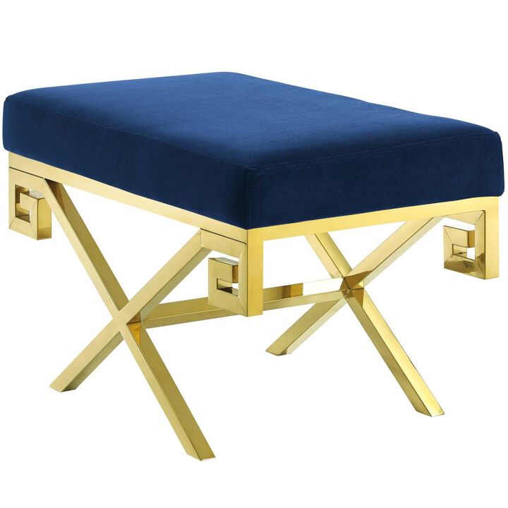 Modway Rove Greek Key X-Base Entryway Modern Bench With Velvet Upholstery in Gold Navy