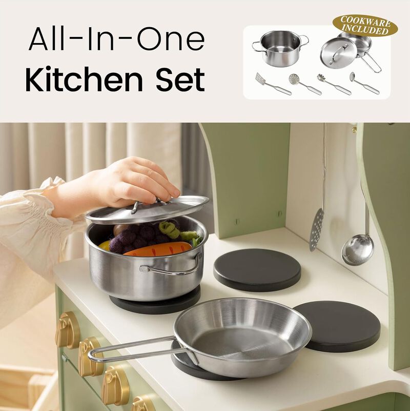 Wooden Play Kitchen with Toy Storage, Built-In Cabinets, Felt Bins & Cookware Accessories Make Cleanup Easy While Encouraging Organizational Skills image number 5