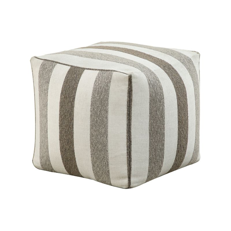 Modern Pouf Ottoman, White and Taupe Striped Jacquard, 16 Inch Square