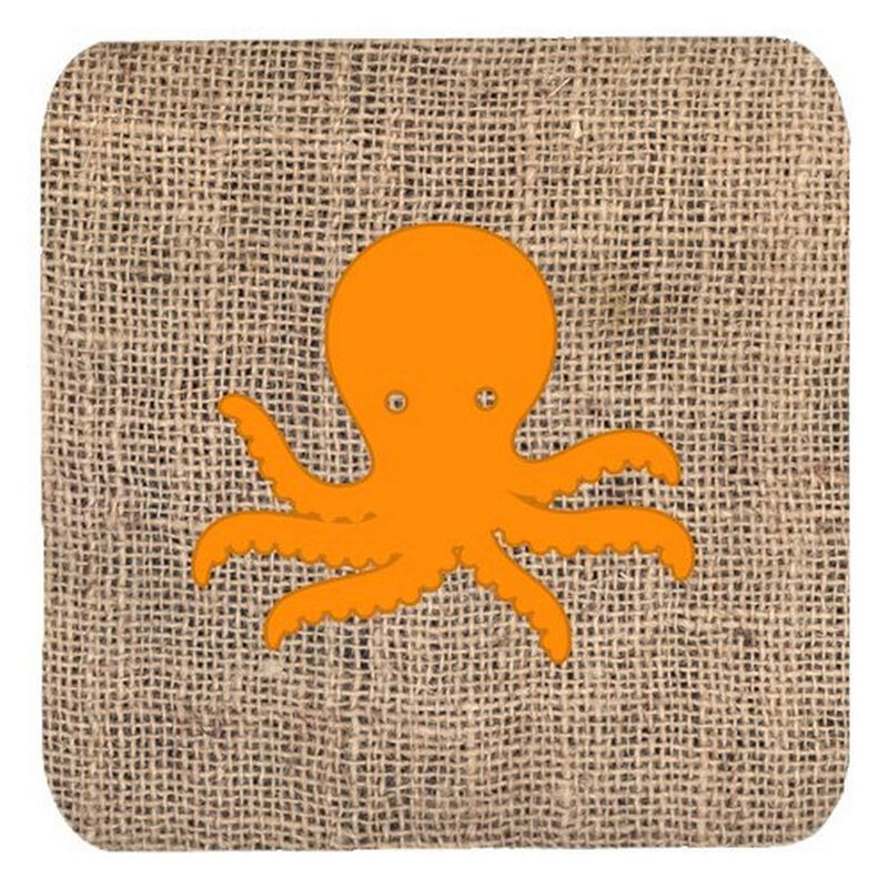 Caroline's Treasures BB1090-BL-OR-FC Octopus Burlap and Orange Foam Coasters (Set of 4), 3.5 H x 3.5 W, Multicolor