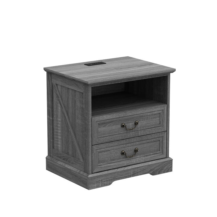 FUFU&GAGA Bedside Table Nightstand with Built-in USB and AC Outlet 2 Drawers and Open Shelf 23.6''L x 17.7''W x 24''H Grey Woodgrain