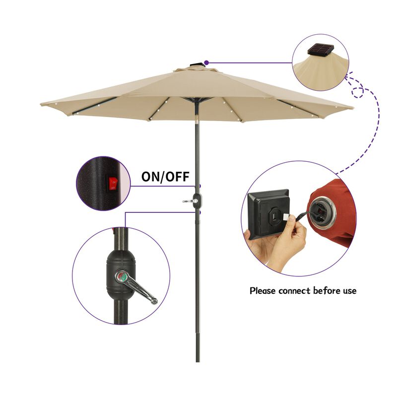 Mondawe 9ft Patio Umbrella Outdoor Market 32 LED Solar Umbrella with Tilt and Crank