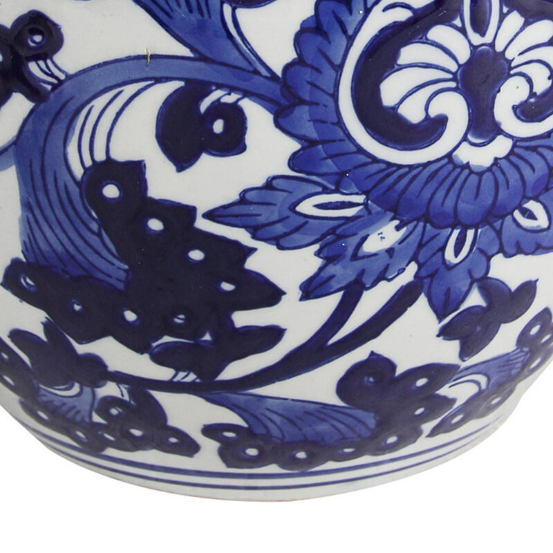 10 Inch Lidded Jar, Round Persian Floral Print, Blue and White Porcelain - Benzara