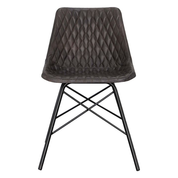 20 Inch Genuine Leather Accent Chair, Diamond Stitched, Metal Frame, Dark Brown, Black-Benzara